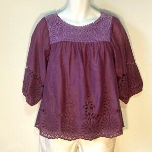 Hazel SZ S Purple smock style top silk blend with lace yoke cut out embroidery